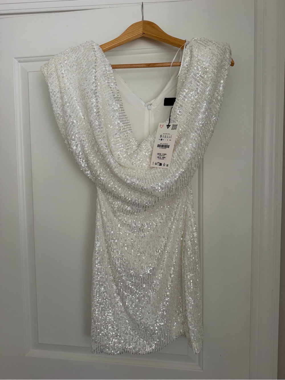 Zara White Sequin Cowl-Neck Midi Dress
